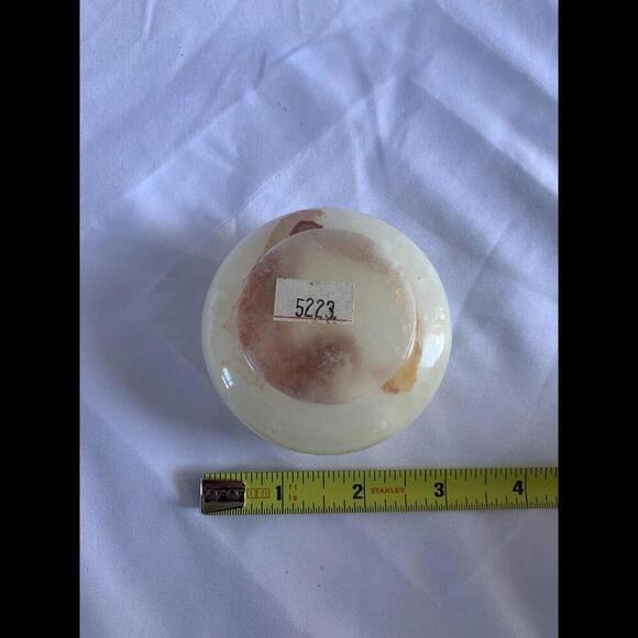 Hand Carved Onyx Trinket Bowl Jar Lid Inlaid w/ Mother of Pearl Flowers Pakistan - Picture 8 of 15